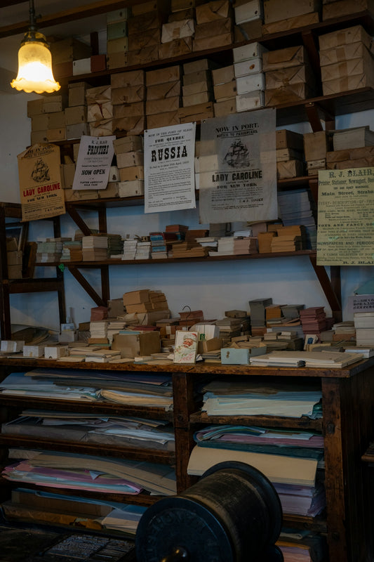 Shelves filled with boxes, papers, and vintage advertisements.