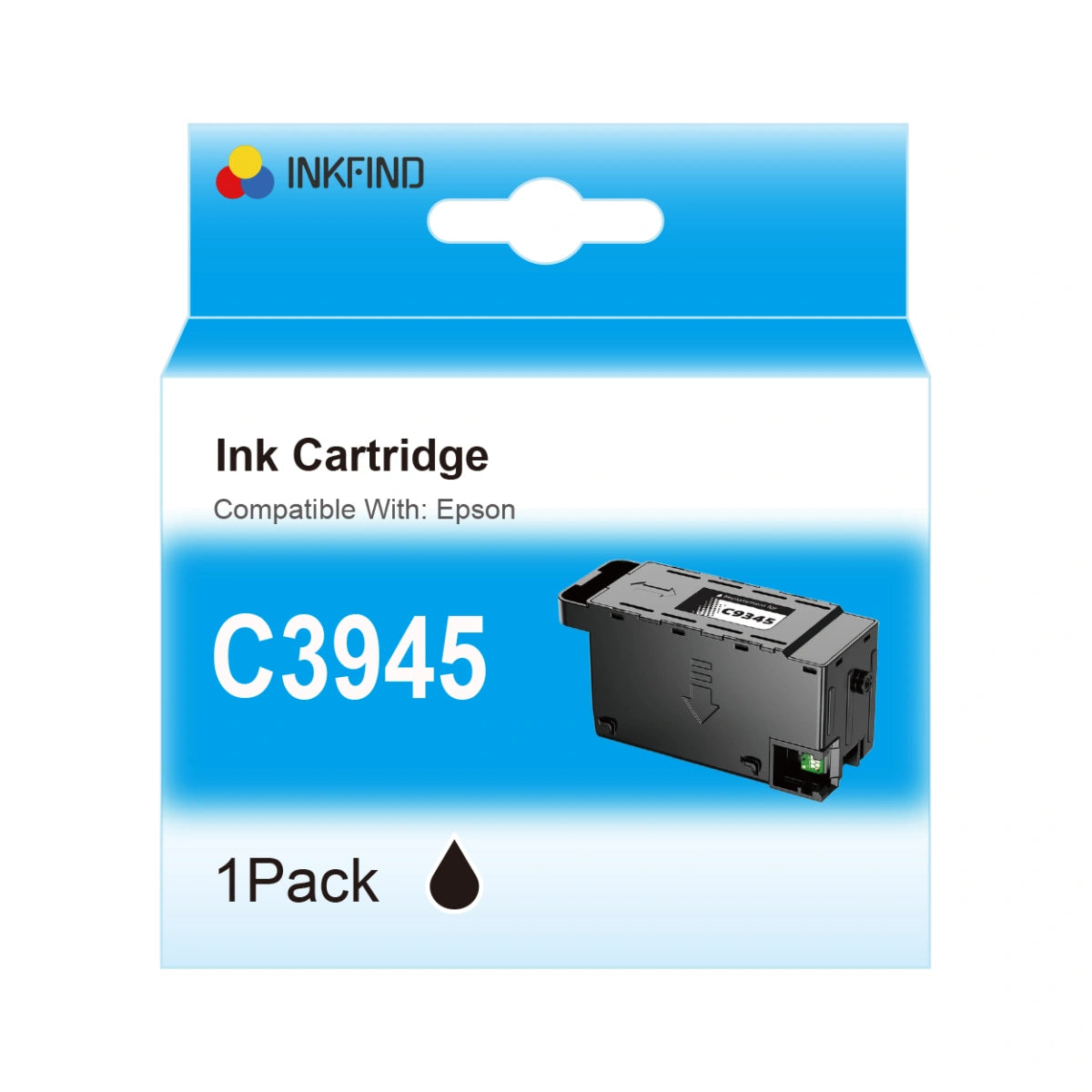 Inkfind C3945 afvalinktcontainer (waste ink tank) voor Epson printers, 1-pack onderhoudsbox, compatibel vervangingsonderdeel met duidelijke productafbeelding op blauwe verpakking.