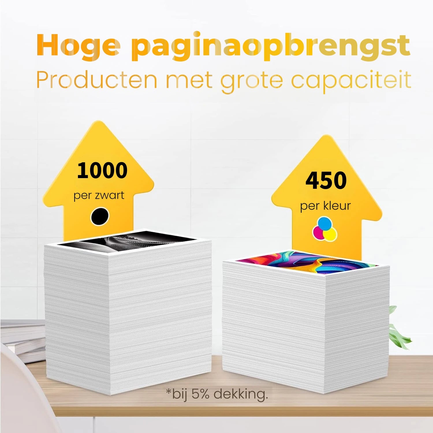 Infographic hoge paginaopbrengst: INKFIND zwarte cartridge tot 1000 pagina's, kleur tot 450 pagina's bij 5% dekking.